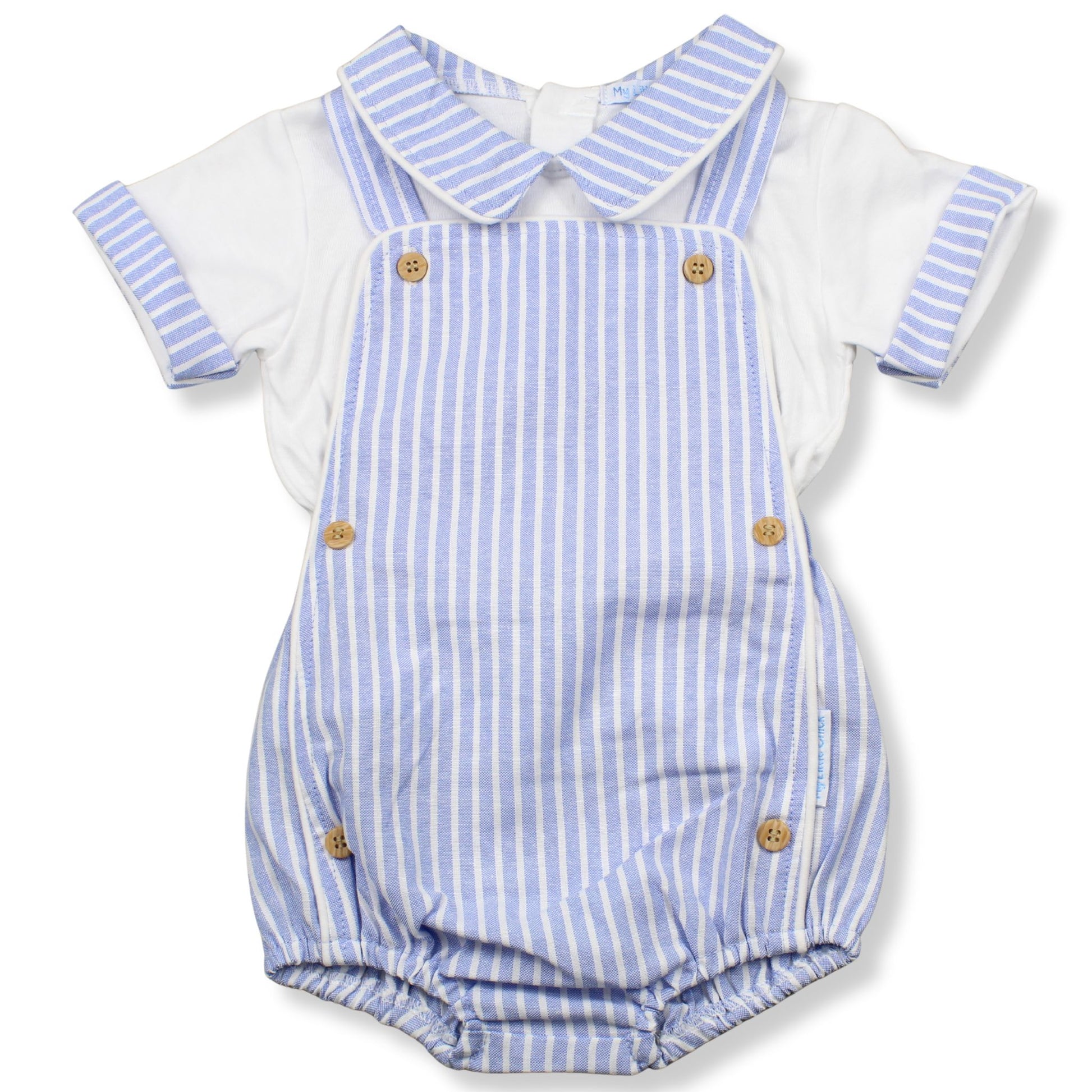 Baby romper with blue and white striped design on a white background