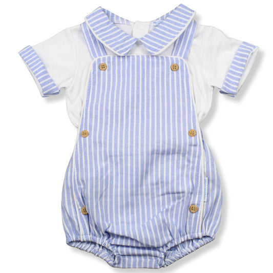 Baby romper with blue and white striped design on a white background