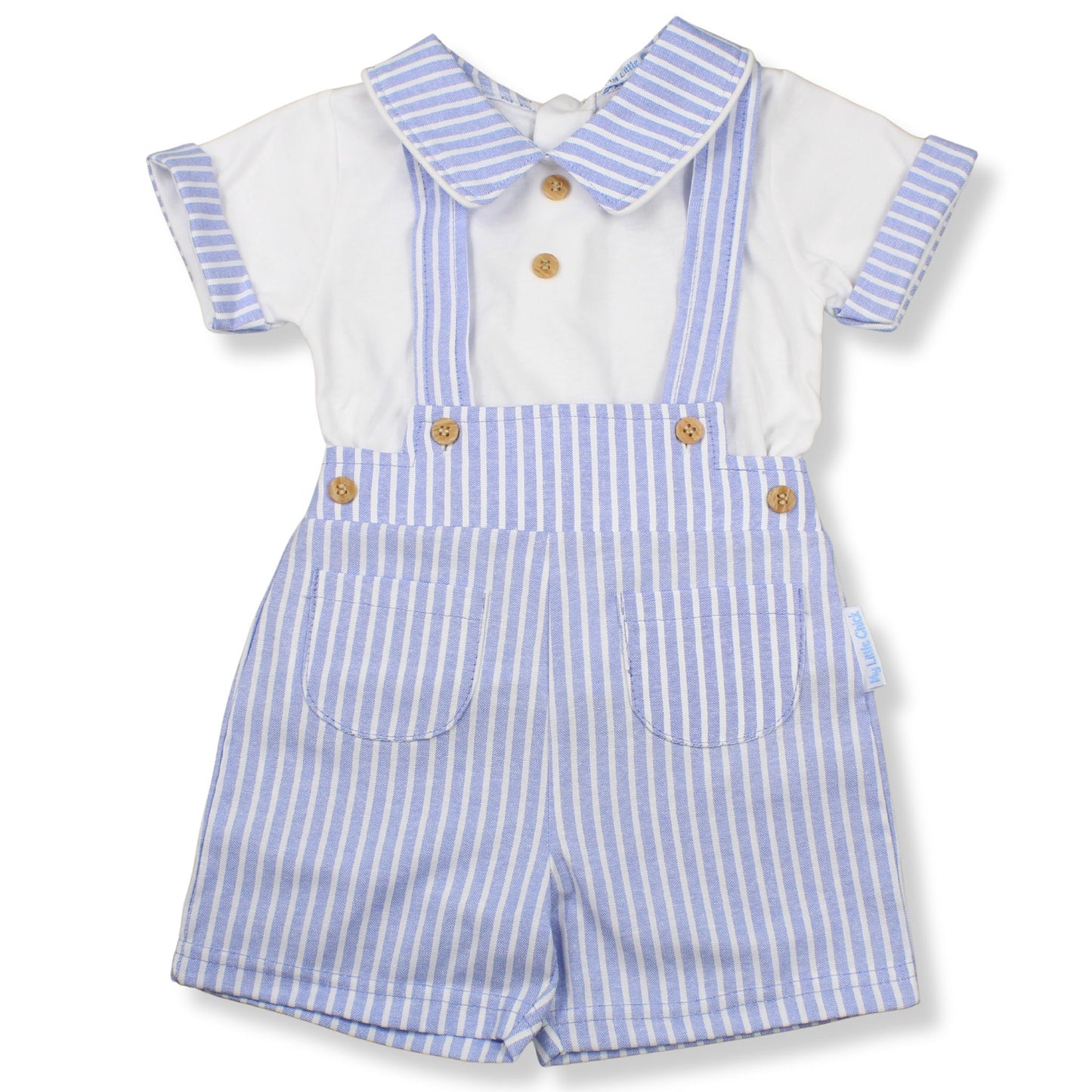 Children's outfit with blue and white striped shirt and shorts on a white background