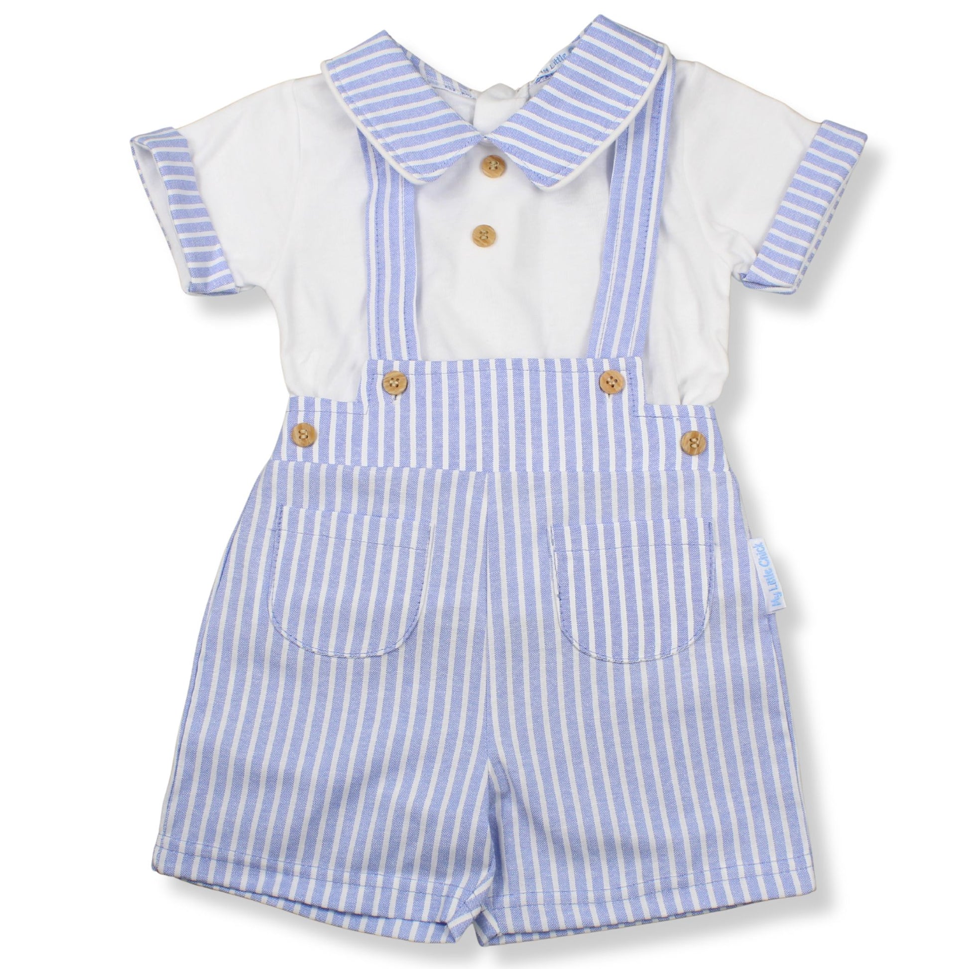 Children's outfit with blue and white striped shirt and shorts on a white background