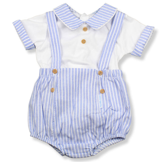 Baby romper with blue and white striped pattern on a white background
