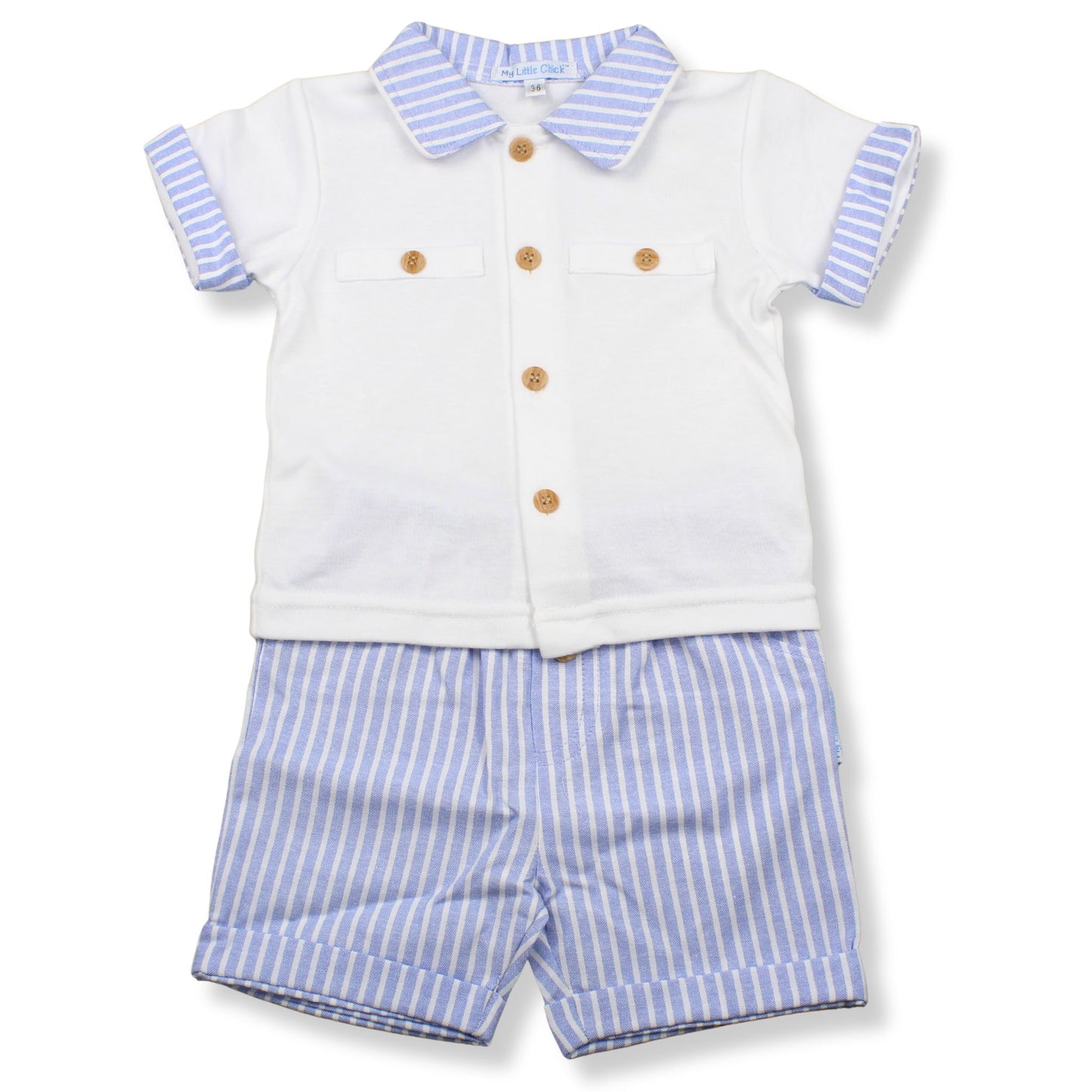 Children's outfit with white shirt and blue striped shorts on a white background