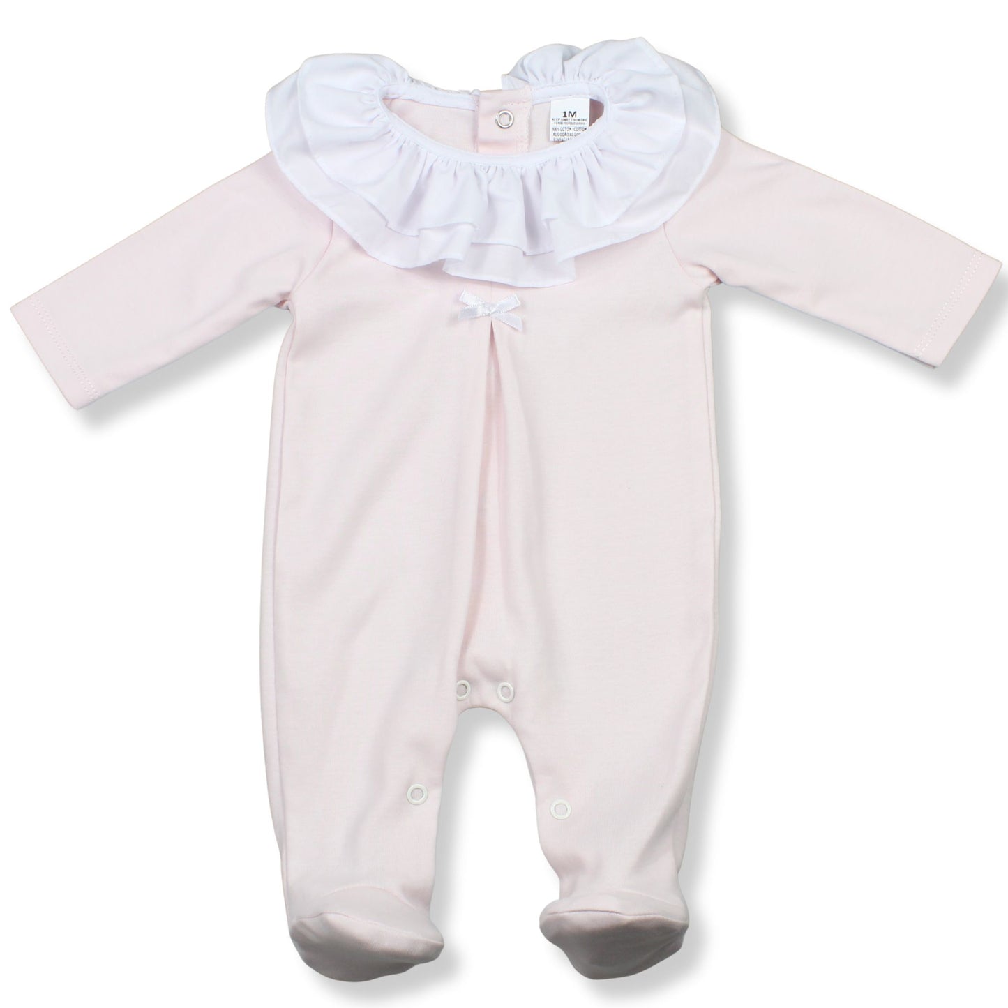 Pink baby onesie with white ruffled collar on a white background
