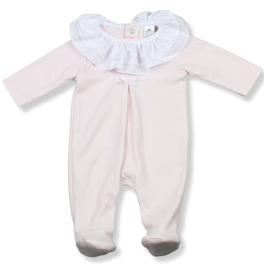 Pink baby onesie with white ruffled collar on a white background