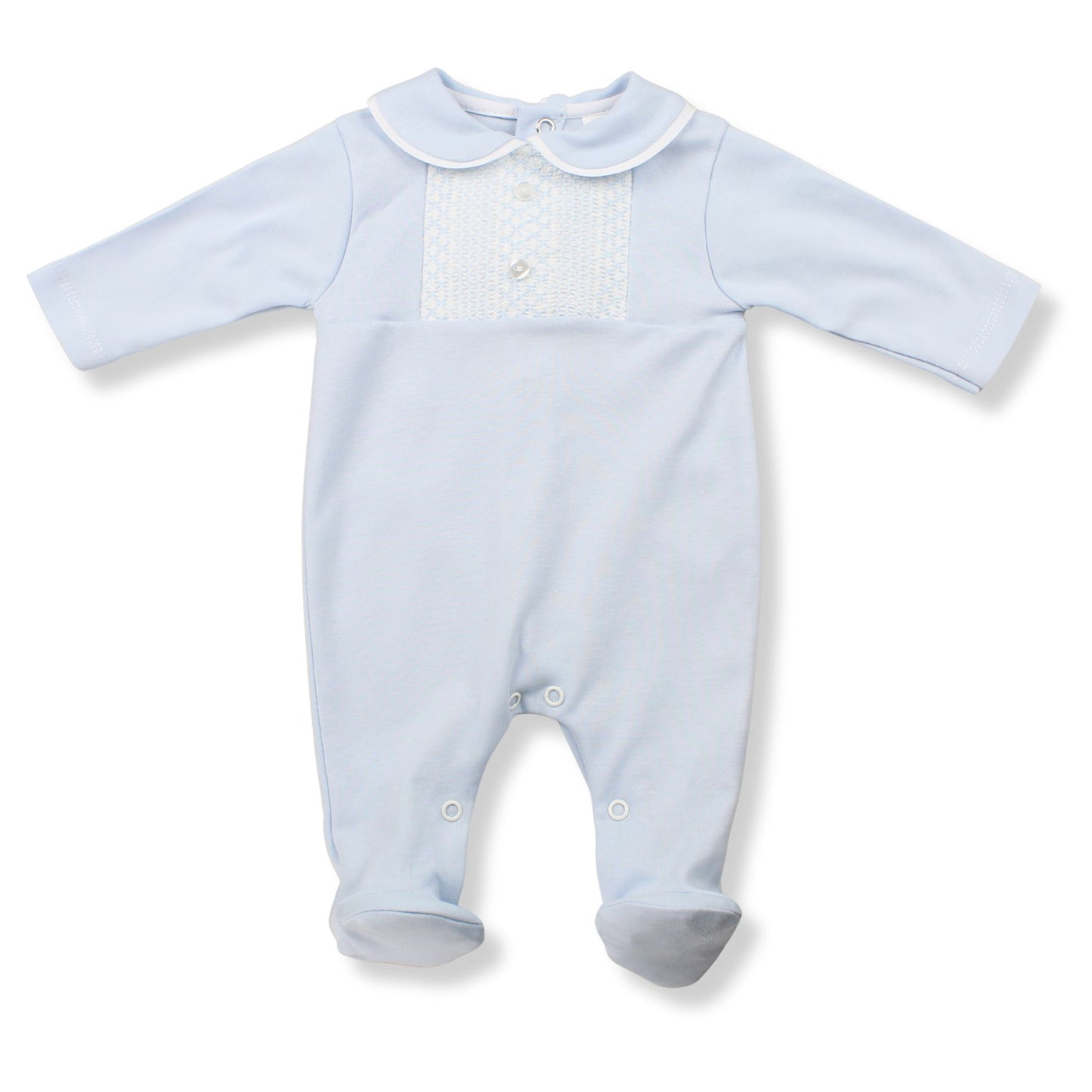 Light blue baby onesie with lace detailing on a white background