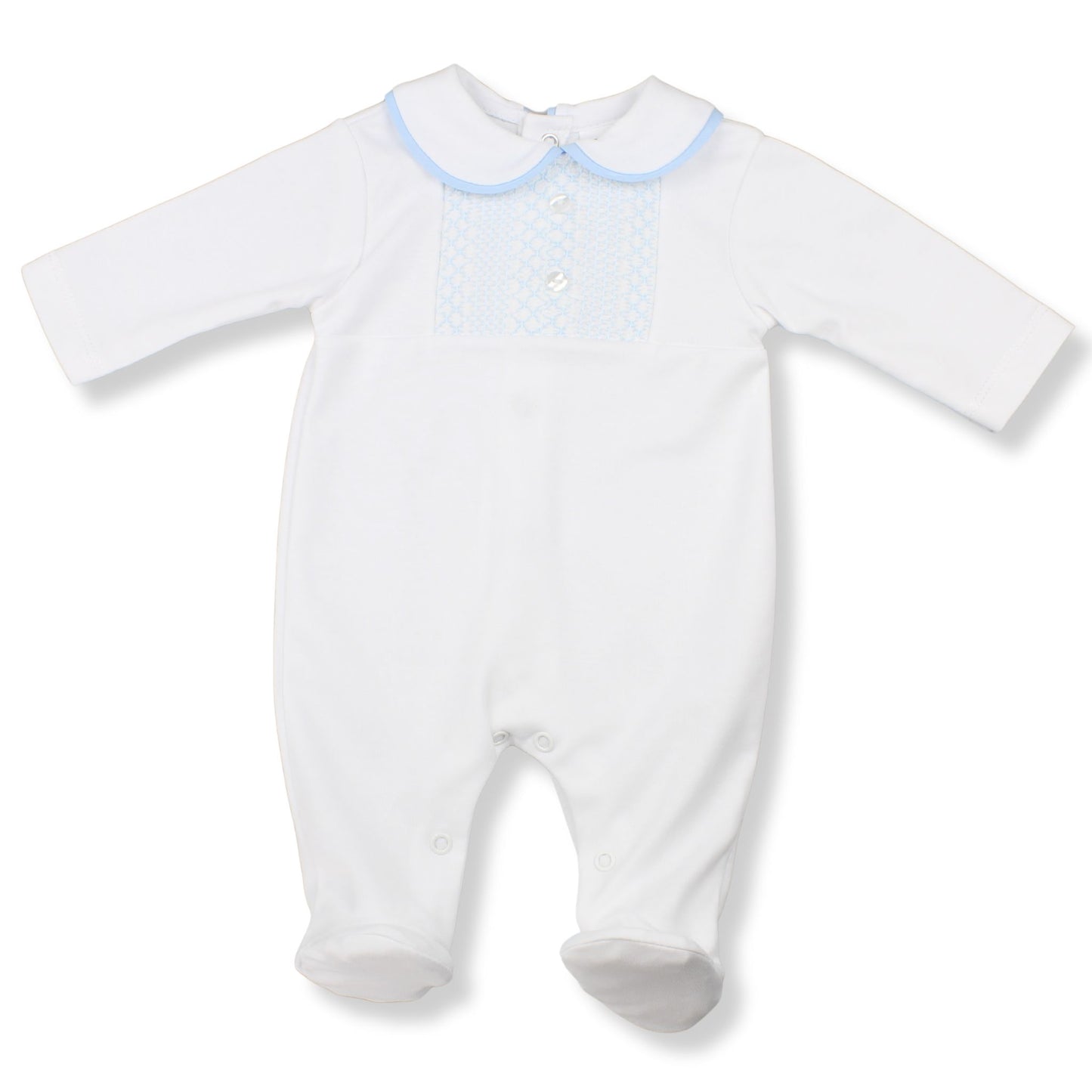 White baby onesie with light blue trim on a white background