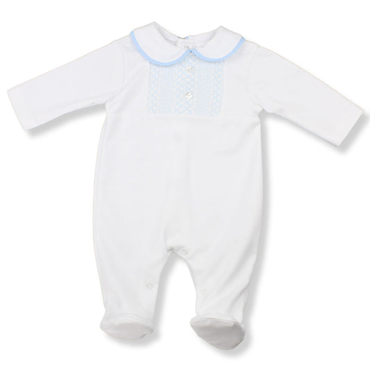 White baby onesie with light blue trim on a white background