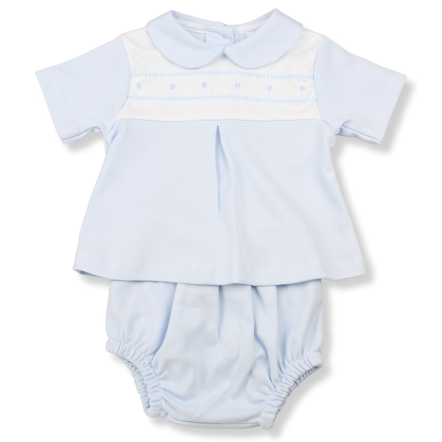 Light blue baby outfit with a top and bloomers on a white background