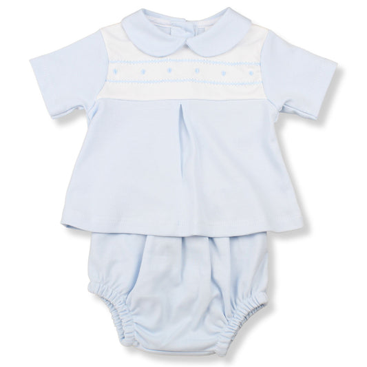 Light blue baby outfit with a top and bloomers on a white background