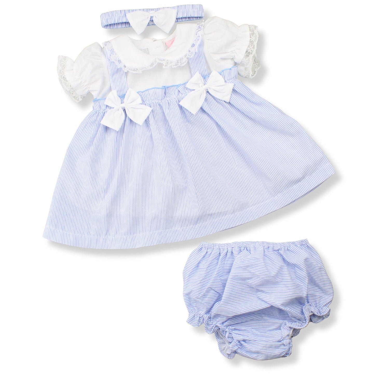 Girls Blue Stripe Dress, Knickers & Headband Set