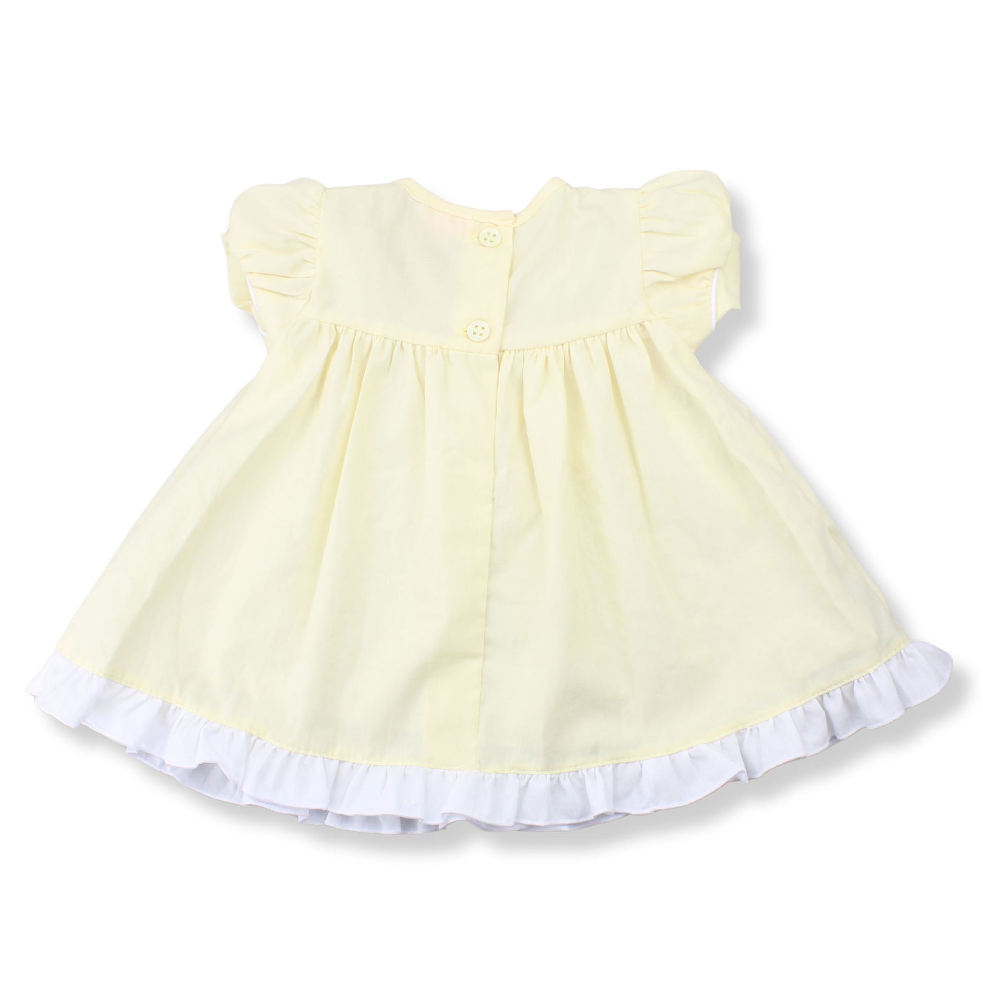 Yellow dress with white trim on a white background