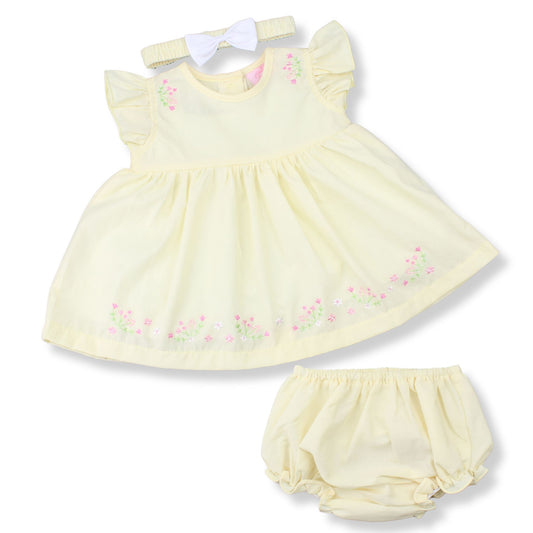Yellow baby dress with floral embroidery and matching bloomers on a white background