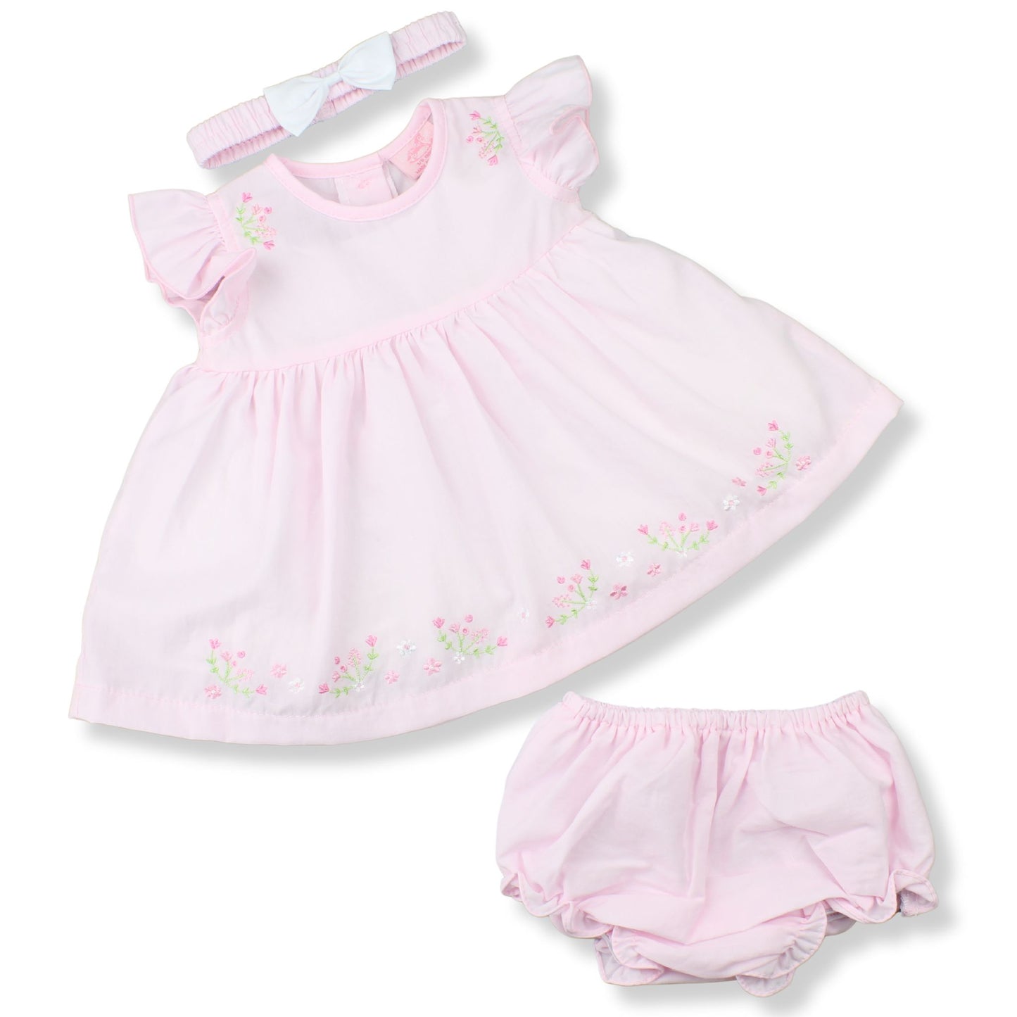 Pink baby dress with floral embroidery, bloomers, and headband on a white background