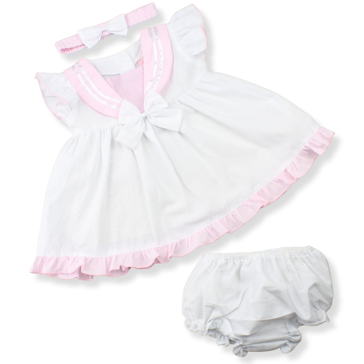 Baby Girls White & Pink Sailor Dress, Bloomers & Headband – 3 Piece Outfit