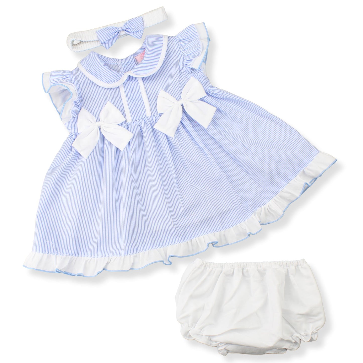 Baby Girls Blue Stripe Dress, Bloomers & Headband – 3 Piece Outfit