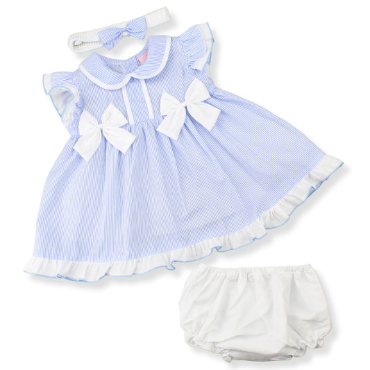 Baby Girls Blue Stripe Dress, Bloomers & Headband – 3 Piece Outfit