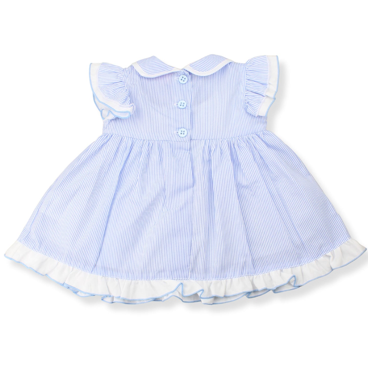 Baby Girls Blue Stripe Dress, Bloomers & Headband – 3 Piece Outfit