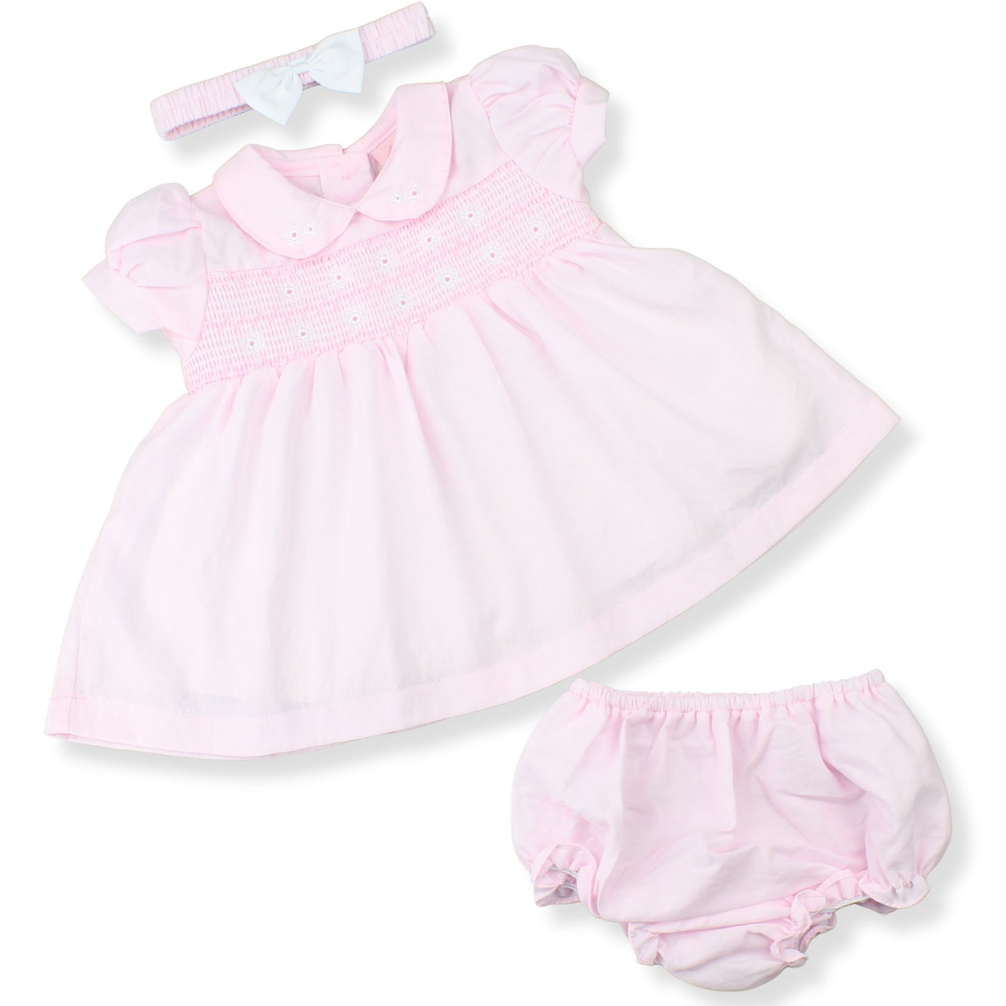 Baby Girls Pink Smocked Dress, Bloomers & Headband – 3 Piece Outfit