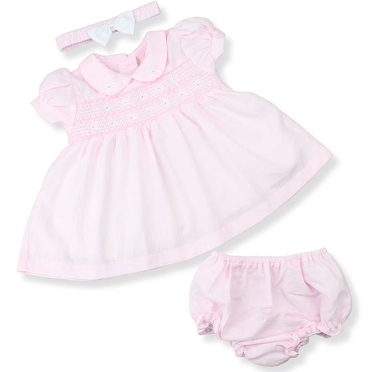 Baby Girls Pink Smocked Dress, Bloomers & Headband – 3 Piece Outfit