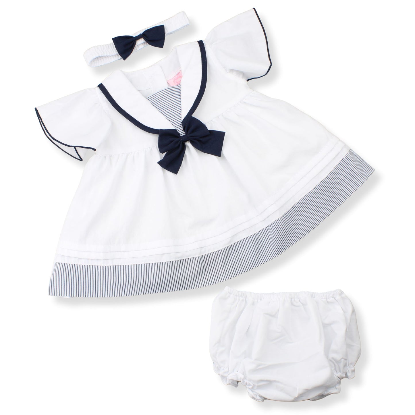Baby Girls White & Navy Sailor Dress, Bloomers & Headband – 3 Piece Outfit