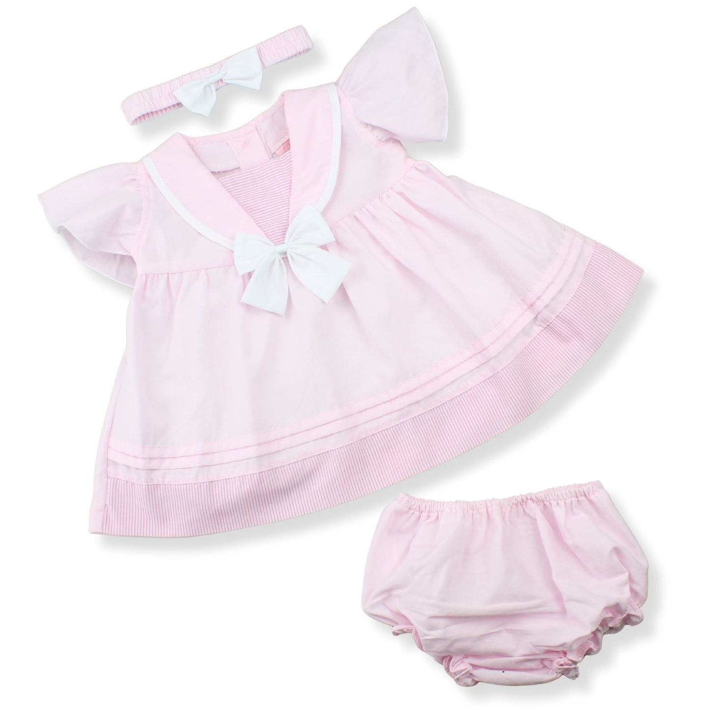 Pink baby dress with ruffles, bow, headband, and bloomers on a white background