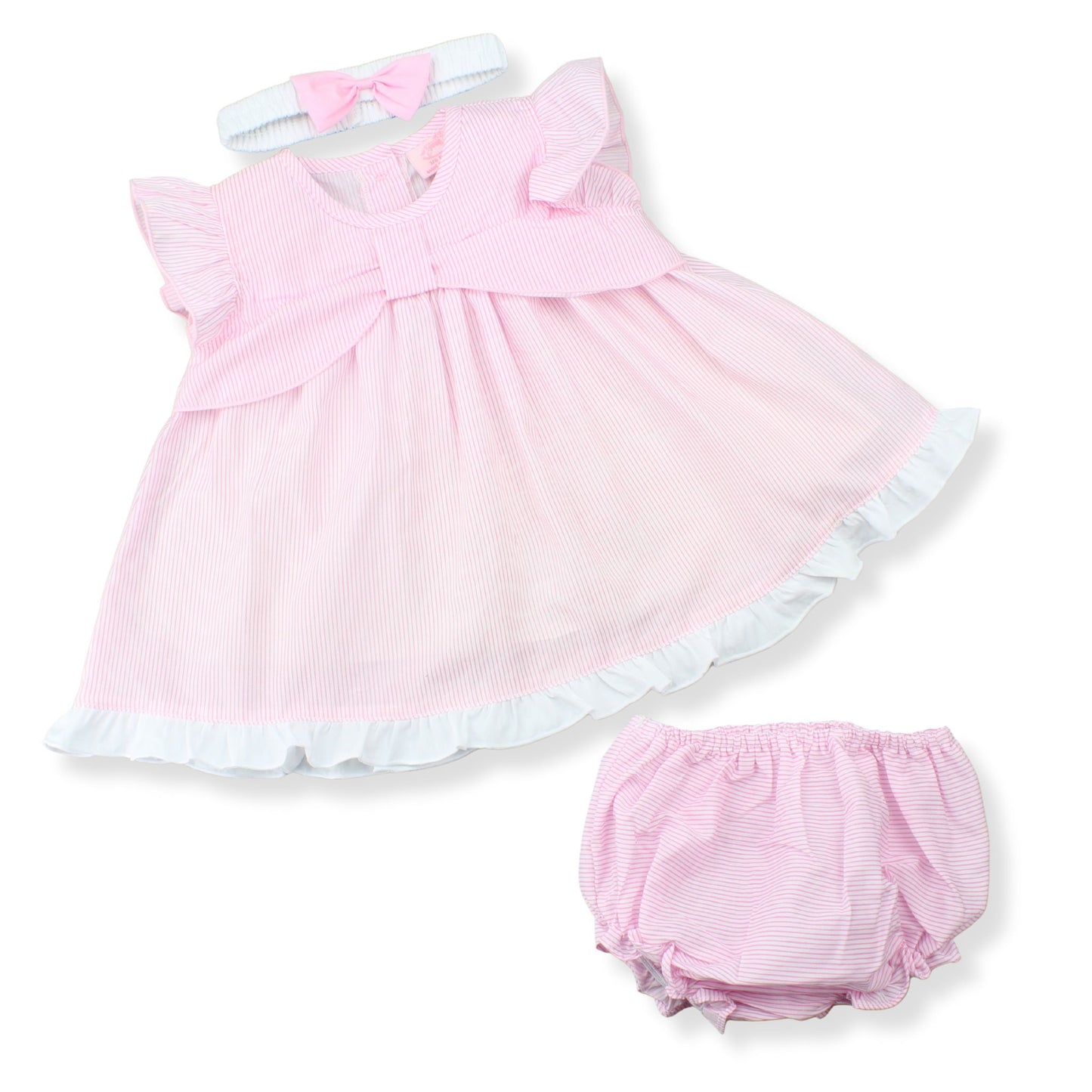 Pink baby dress with matching bloomers on a white background