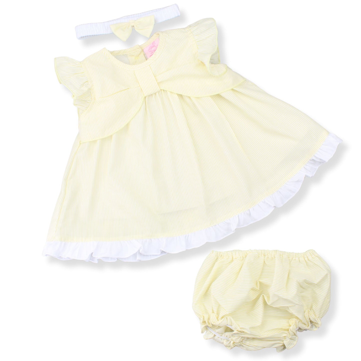 Yellow baby dress with matching bloomers on a white background
