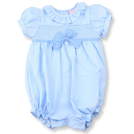 Light blue baby romper with ruffled sleeves and a bow on a white background