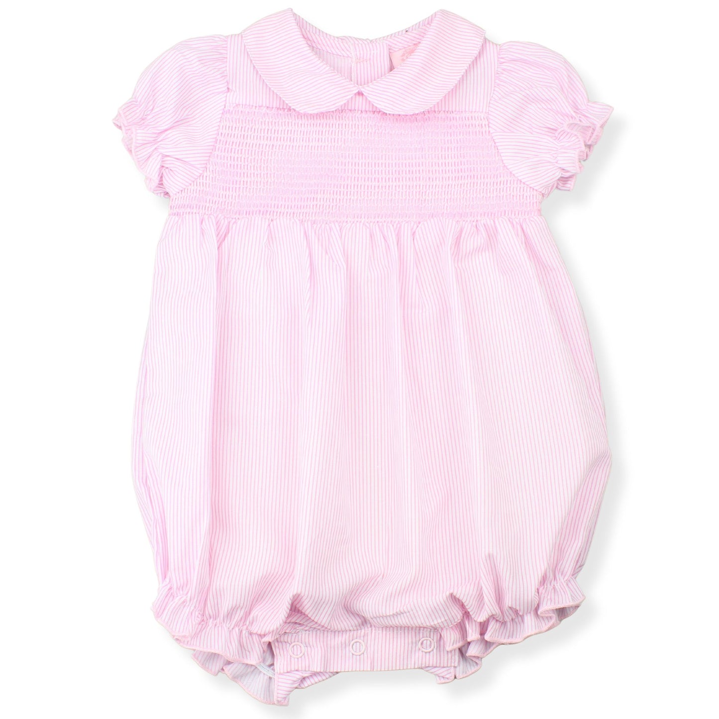 Pink baby romper with a collar on a white background