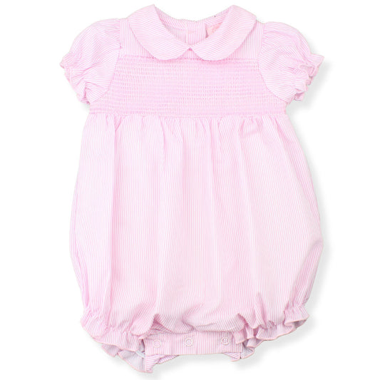 Pink baby romper with a collar on a white background
