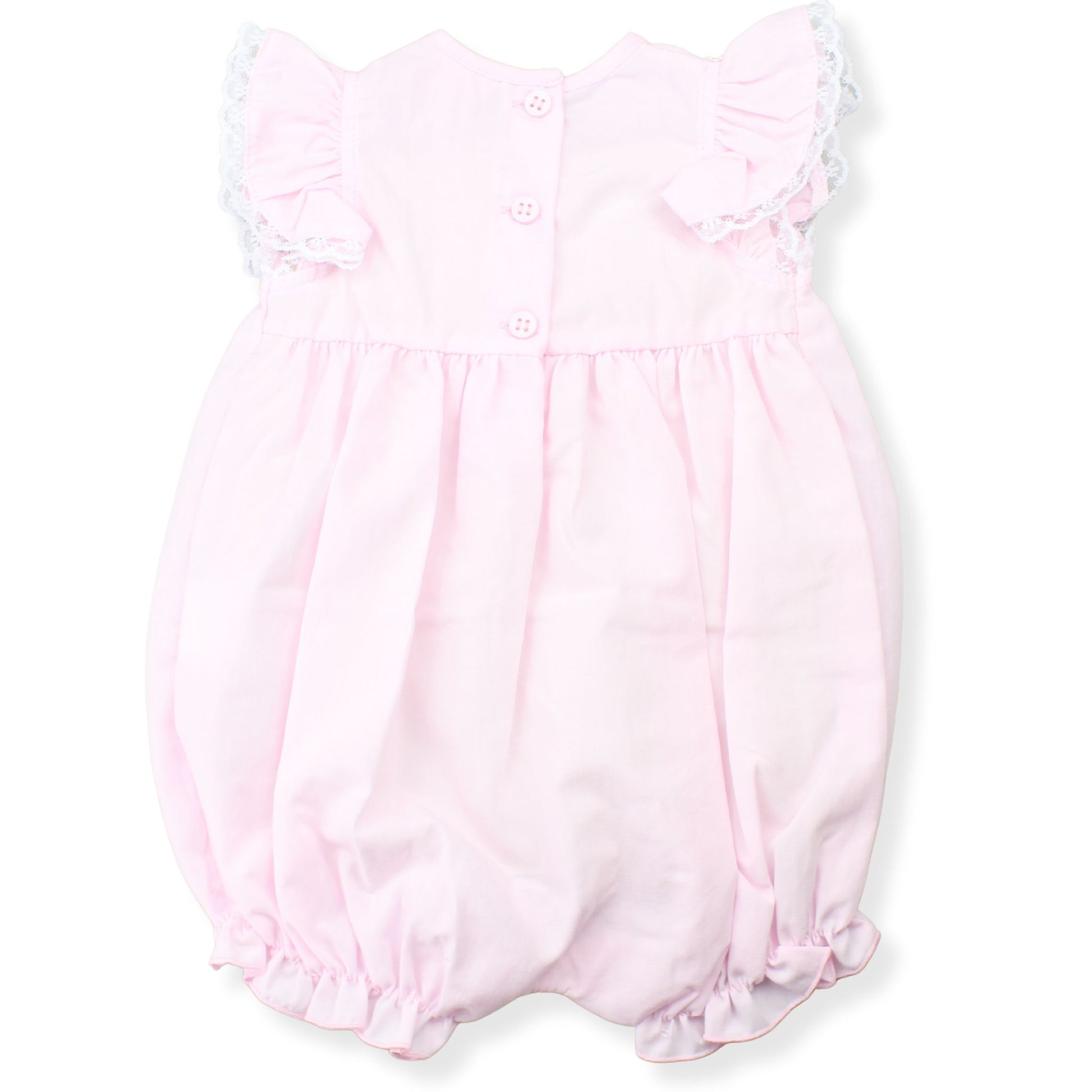 Pink baby romper with ruffled details on a white background