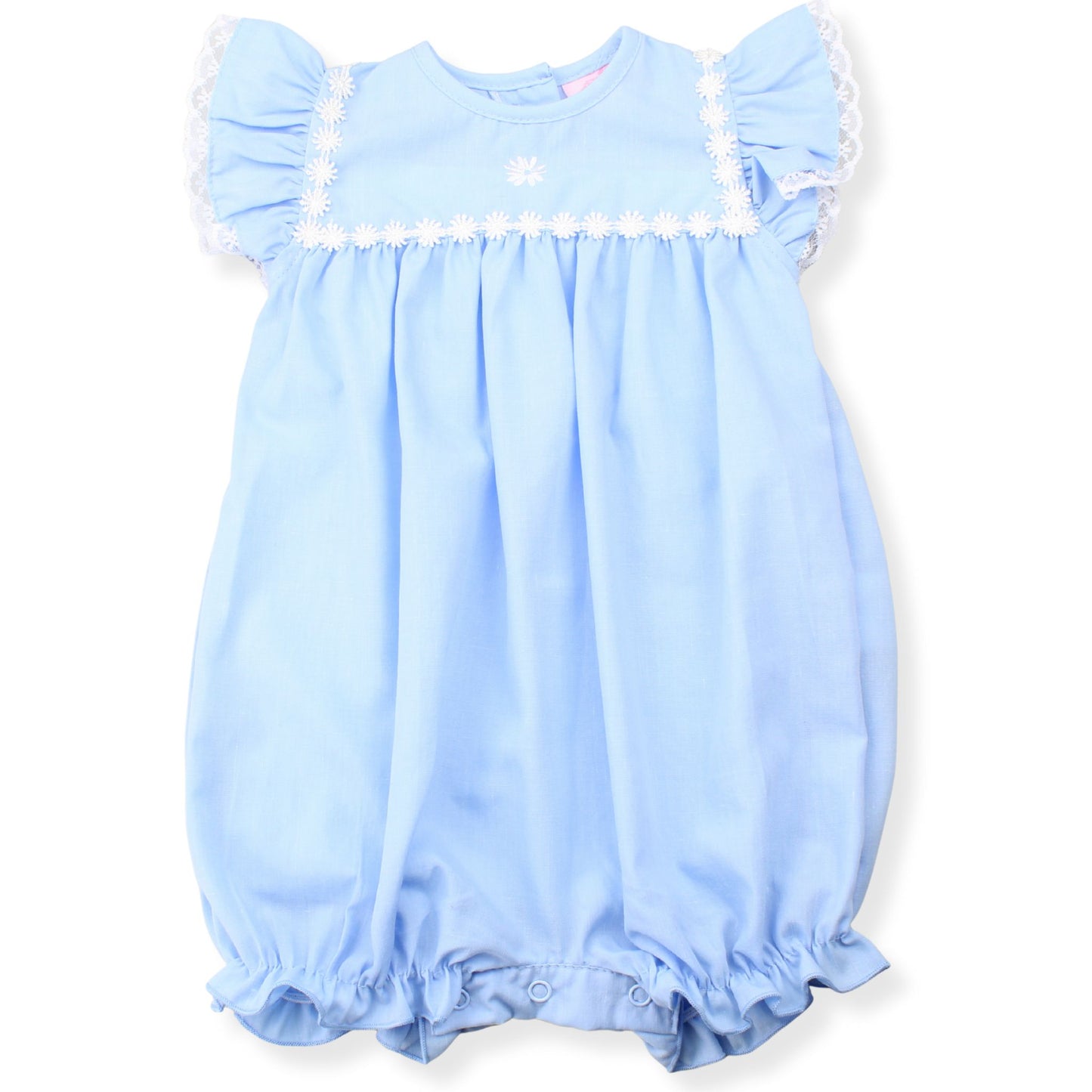 Baby Girls Blue Romper with Lace Trim