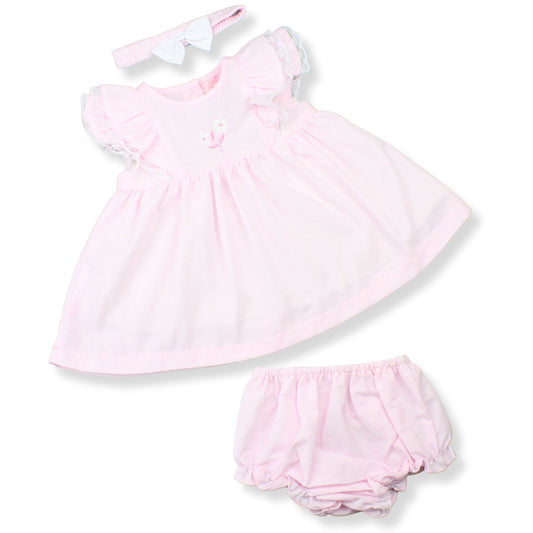 Pink baby dress and bloomers set on a white background
