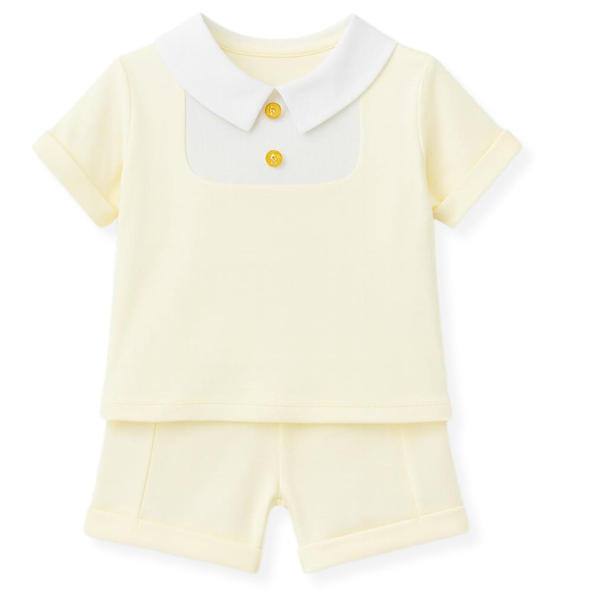 Yellow baby outfit with a white collar and buttons on a white background