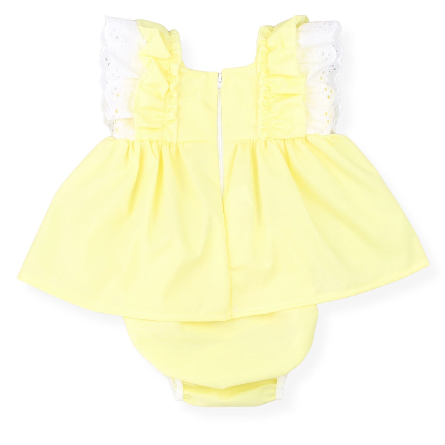 Yellow baby romper with white trim on a white background