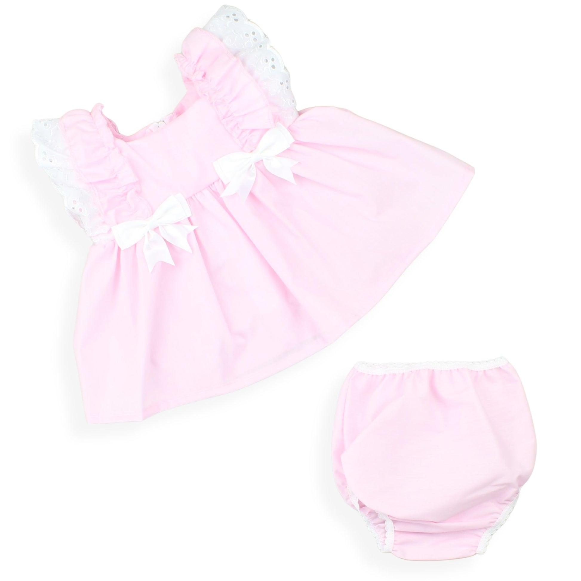 Pink baby romper with matching bloomers on a white background