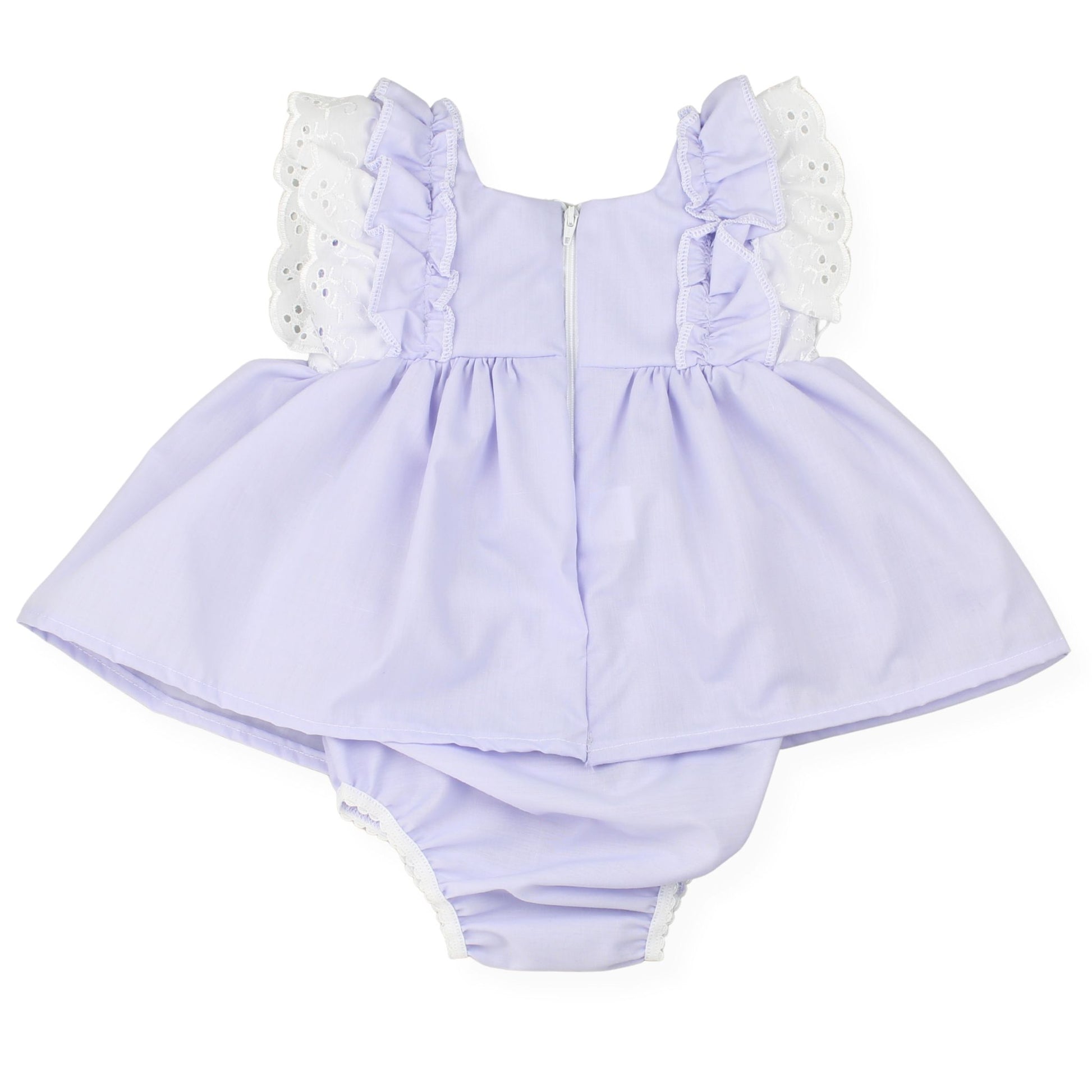 Lavender baby romper with white ruffled details on a white background