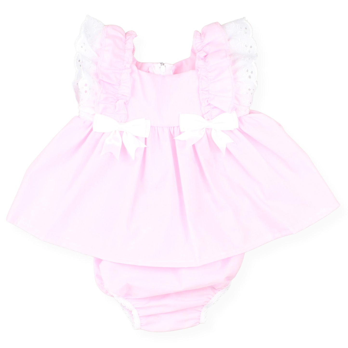 Pink baby dress with ruffled sleeves on a white background