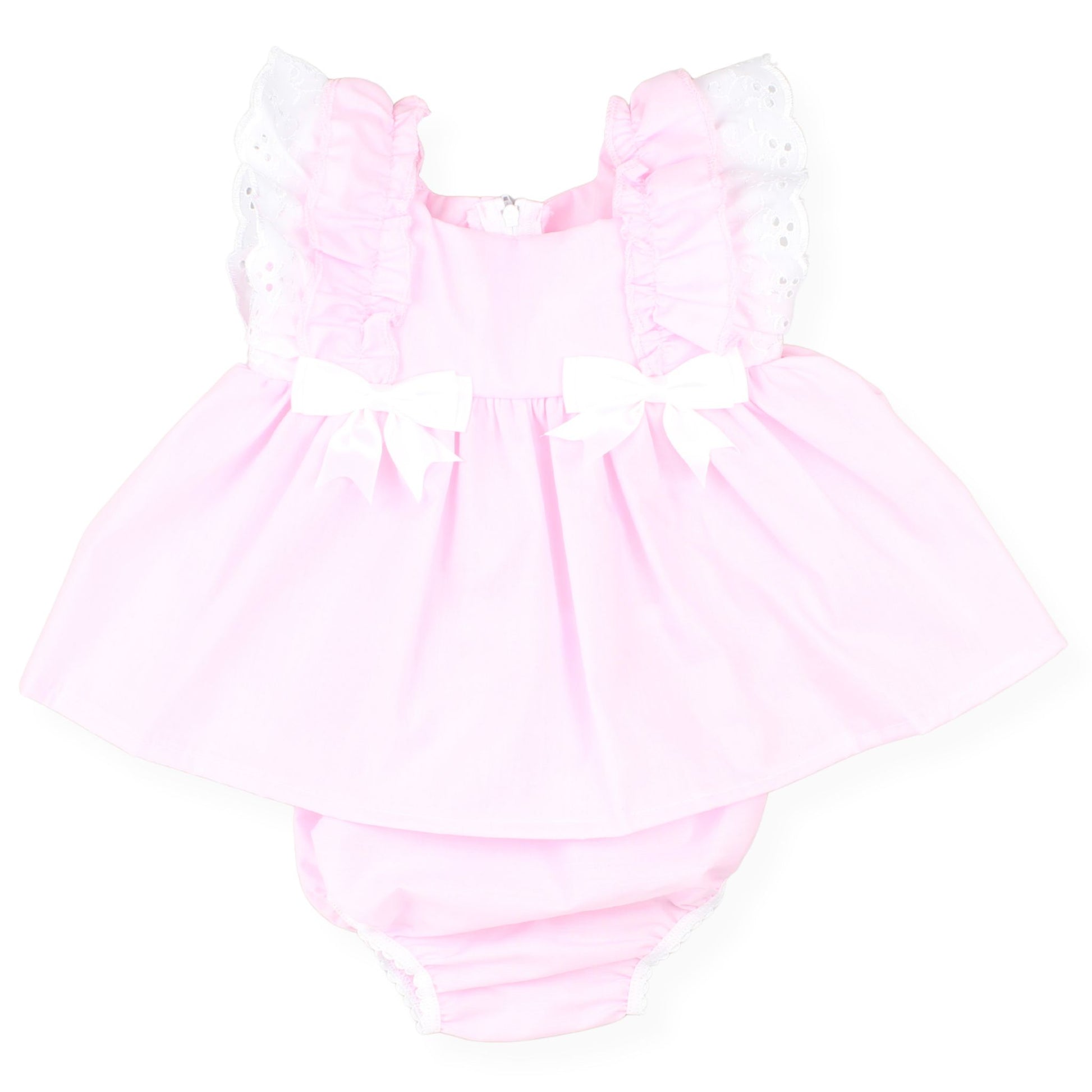 Pink baby dress with ruffled sleeves on a white background