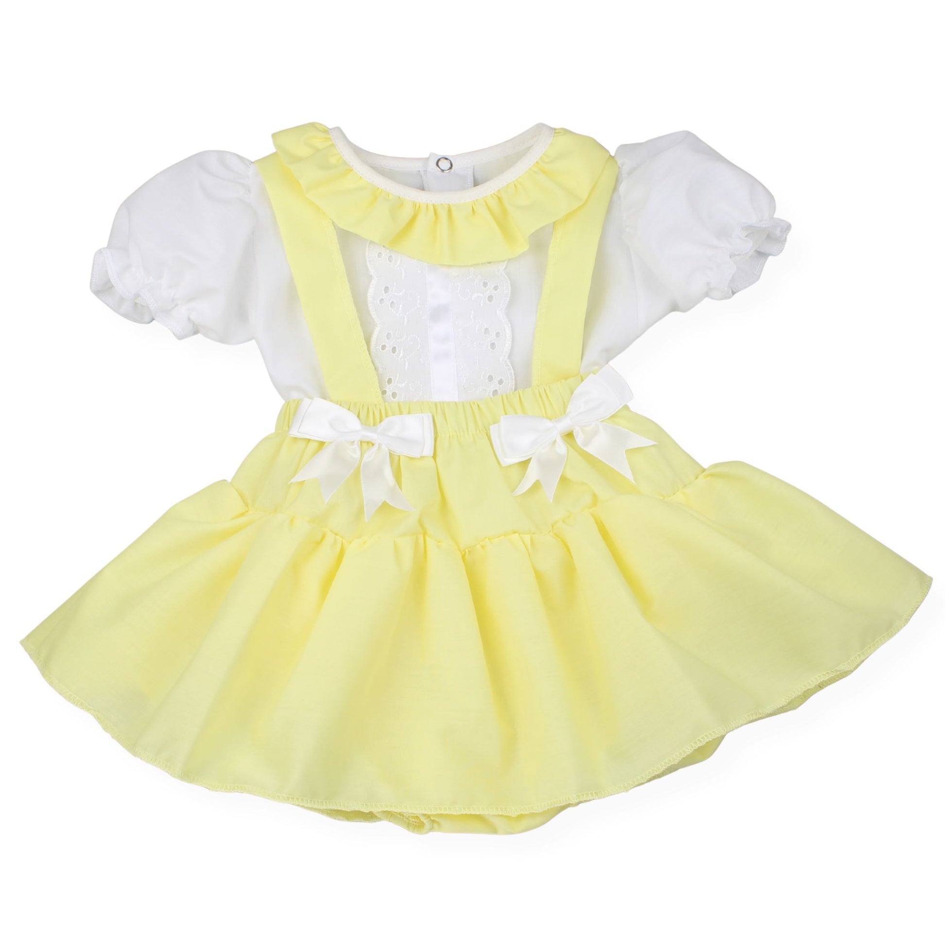 Yellow dress with white ruffled sleeves on a white background