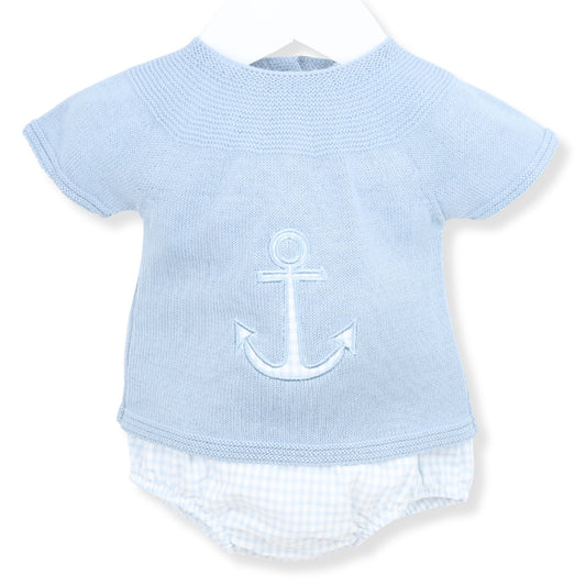Light blue baby outfit with anchor design on a white background
