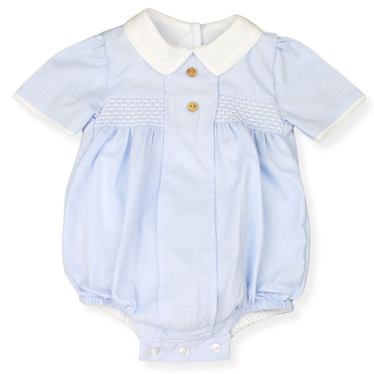 Light blue baby romper with white collar on a white background