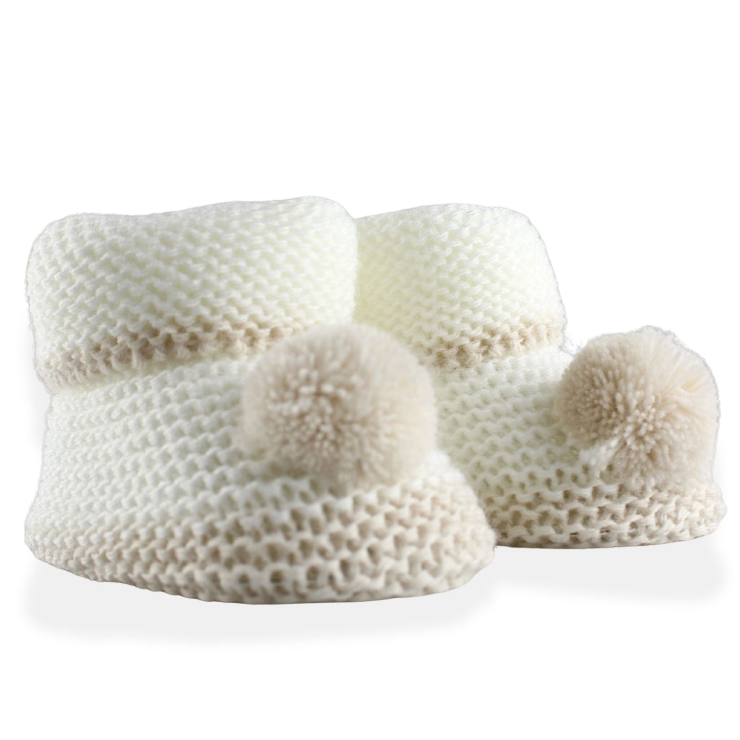 Knitted Baby Booties with Pom Poms – White / Beige  (Newborn–6 Months)