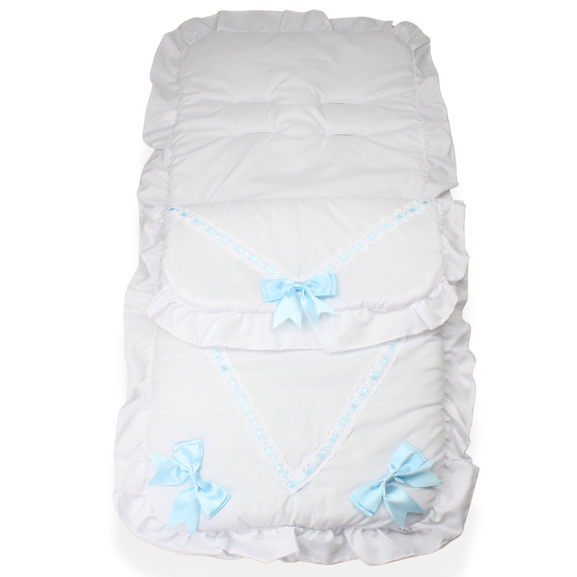 white footmuff with blue bows