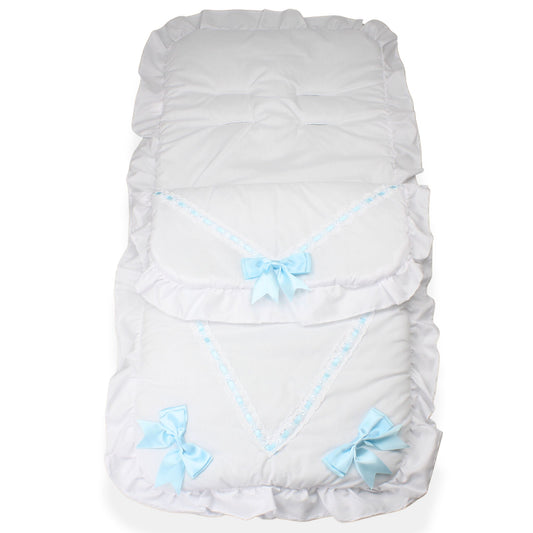 white footmuff with blue bows