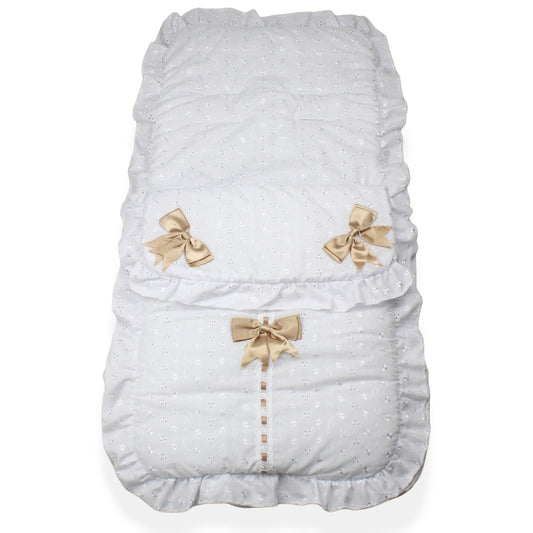 Baby Pram Footmuff with Beige Bows – White