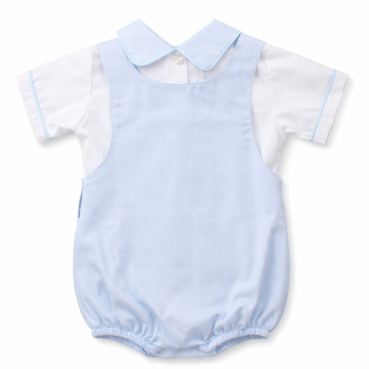 Light blue baby romper with white shirt and collar on a white background
