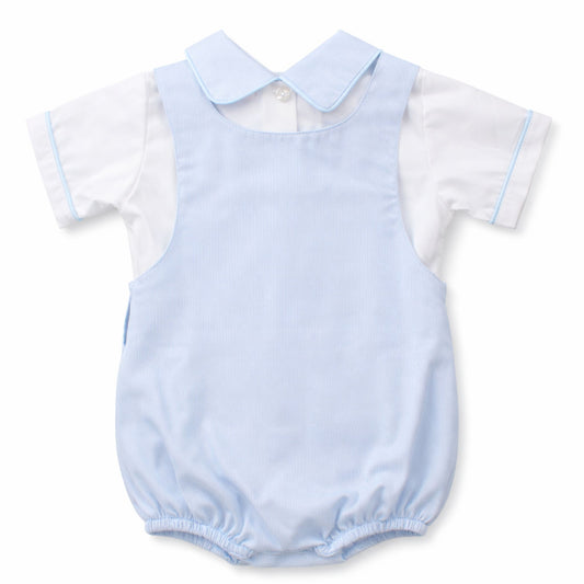 Light blue baby romper with white shirt and collar on a white background