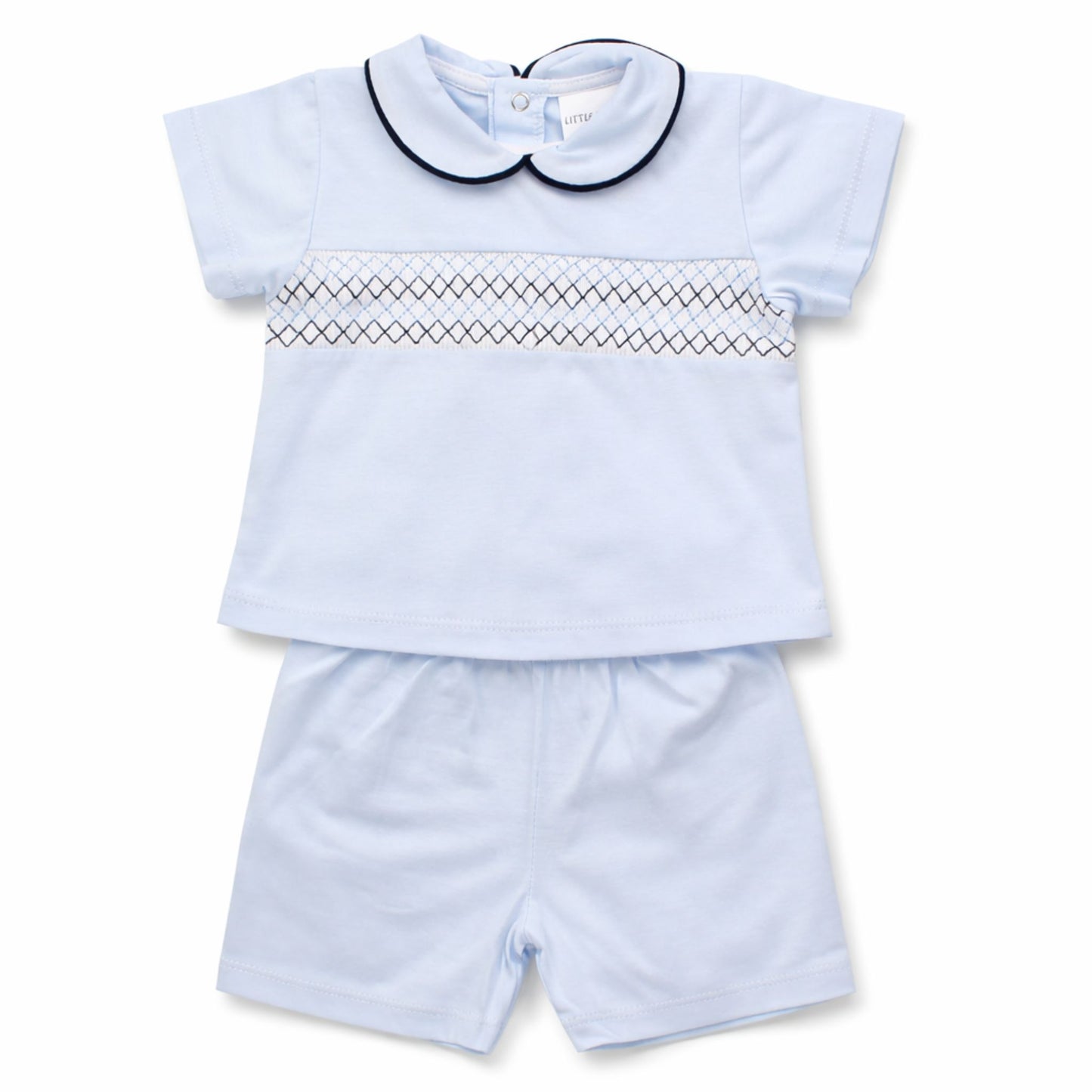 Light blue children's outfit with a short-sleeve top and shorts on a white background
