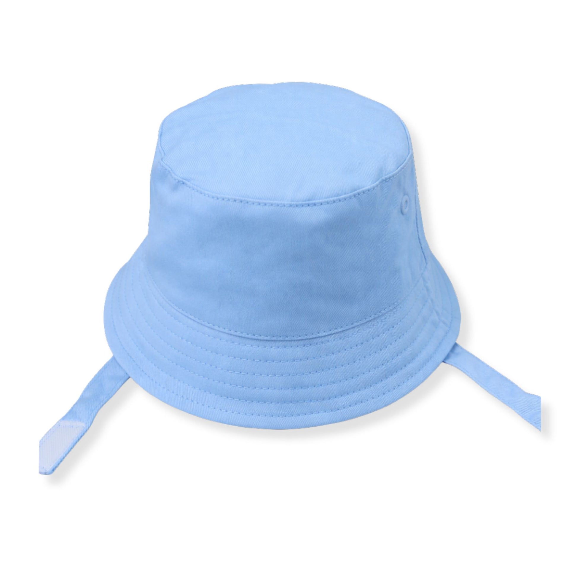 Light blue bucket hat with chin straps on a white background